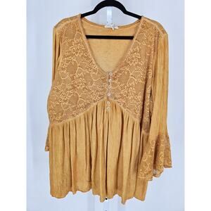 Indigo Thread Womens Sz 3X Bell Sleeve Boho Blouse Gold Yellow Lace Fairy Core